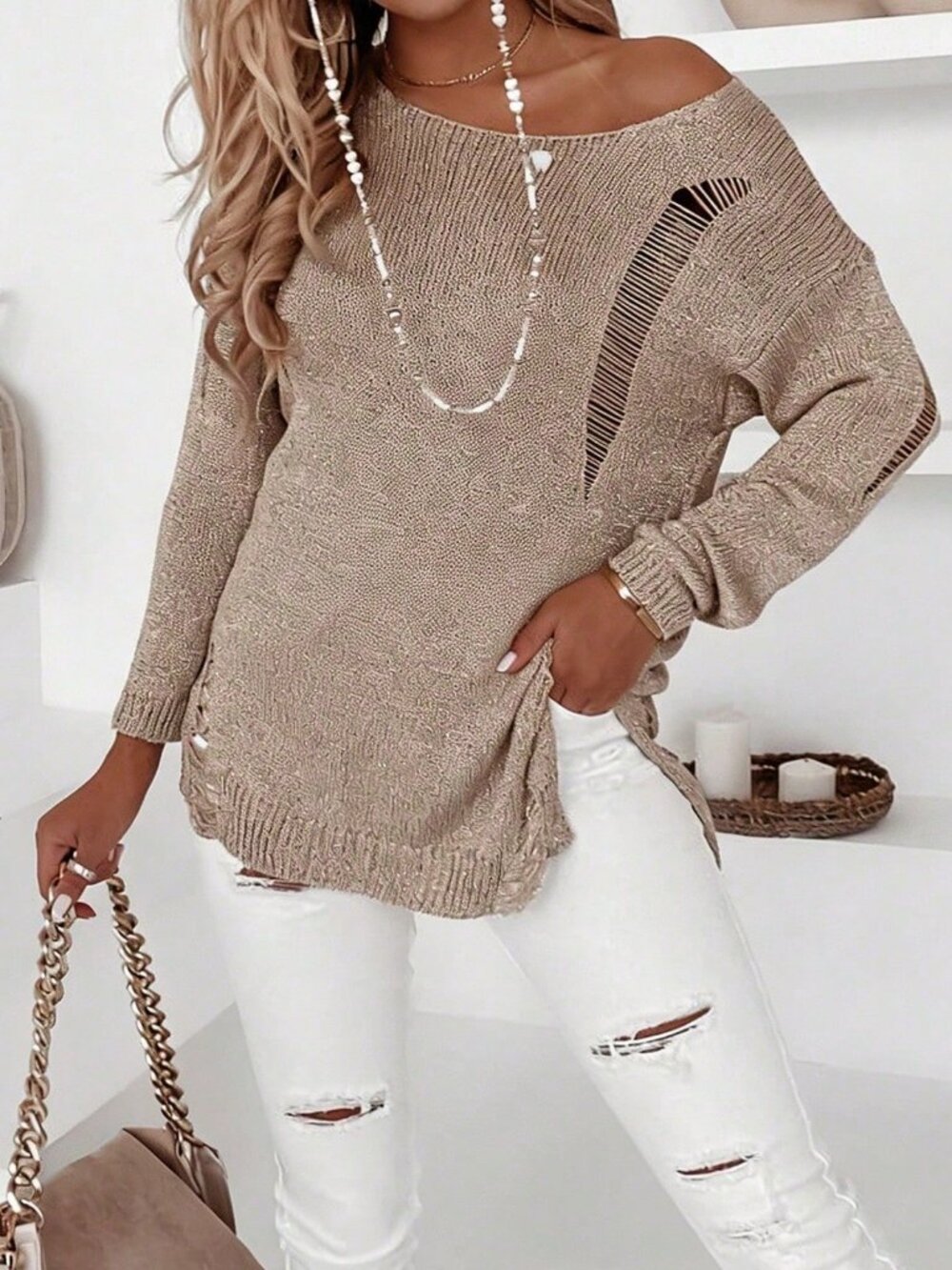 Khaki Casual Women's Ripped Regular Fit Round Neck Pullovers